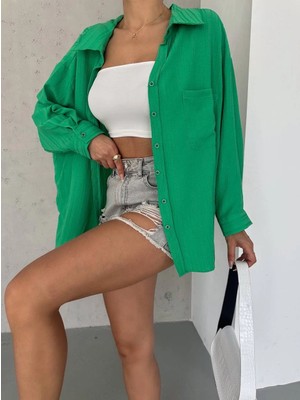 Zengezur Mall Hnrlishp Ağaç Kabuğu Oversize Arkası Pileli Gömlek Yeşil (Beden: Standart)