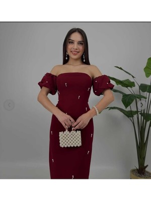Moda Durağı Taş Detaylı Arkadan Yırtmaçlı Kaliteli Elbise Bordo