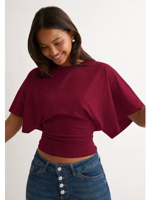 Les Séduisantes C.A. Dalgıç Kumaş Bele Oturan Bisiklet Yaka Geniş Kısa Kollu Bluz