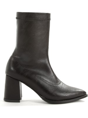 Rella Siyah Streç Sivri Burun Kalın Topuklu Fermuarlı Şık Kadın Bilek Bot