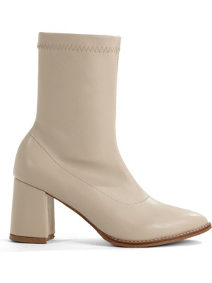 Rella Bej Streç Sivri Burun Kalın Topuklu Fermuarlı Şık Kadın Bilek Bot