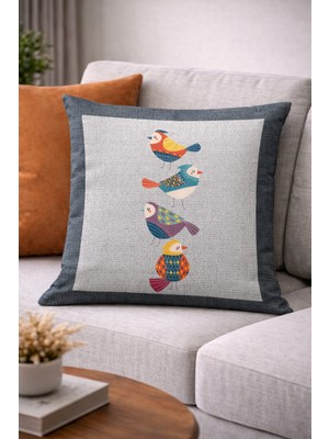Renkli Kuş Desenli Gri Renk Yastık Kırlent Kılıfı SHKRL209