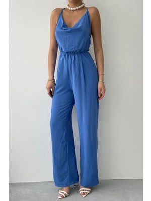 Hiccup Kadın Janes V Yaka Kolsuz Geniş Paça Tulum Maya Mavisi