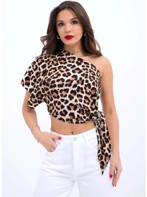 Hiccup Kadın Janes Leopar Desenli, Omuzları Açıkta Bırakan, Bağlama Detaylı Kısa Bluz Çok Renkli
