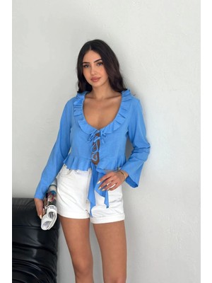 Hiccup Kadın Janes Fırfırlı V Yaka Bağlamalı Kısa Bluz Maya Mavisi