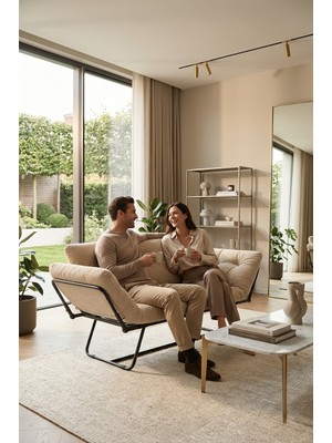 AVYNA Katlanır Yataklı Kanepe – Modern Konforlu Ikili Koltuk, Mekanizmalı Ikili Çekyat, Tay Tüyü Kumaş - Krem