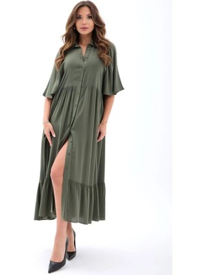 Hiccup Kadın Janes Düğmeli Yaka Midi Elbise Haki Yeşil