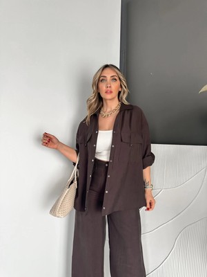Qimya Butik Egzotik Asortik Kadın V Yaka Iri Cebi Çıt Çıt Detaylı Bel Arkası Lastikli Pantolonlu Ince Gömlek & Pantolon Ikili Takım