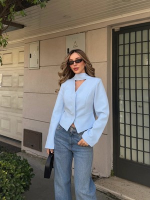 Laluvia Mavi Vatkalı Fularlı Ceket - 85175