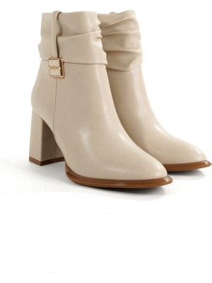 Rella Bej Tokalı Kalın Topuklu Fermuarlı Şık Günlük Kadın Bilek Bot