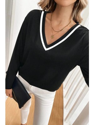 Hiccup Kadın Janes V Yakalı, Uzun Kollu, Kontrast Biyeli Bluz Siyah