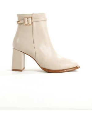 Rella Bej Tokalı Kalın Topuklu Fermuarlı Şık Günlük Kadın Bilek Bot
