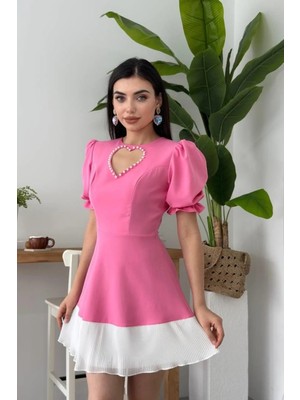 Hiccup Kadın Janes Yuvarlak Yaka Kesik Mini Elbise Karanfil Pembesi