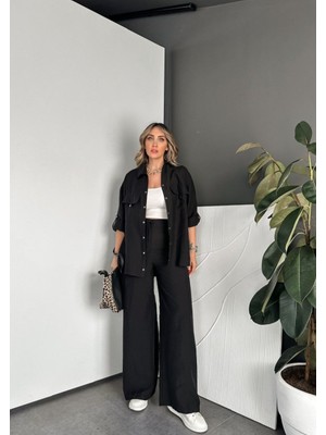 Qimya Butik Egzotik Asortik Kadın V Yaka Iri Cebi Çıt Çıt Detaylı Bel Arkası Lastikli Pantolonlu Ince Gömlek & Pantolon Ikili Takım