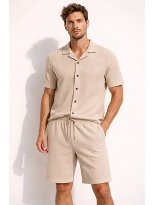 Serac Collection Erkek Waffle Kumaş Kısa Kollu Gömlek Şort Takım Regular Fit Yazlık Ikili Set - Bej
