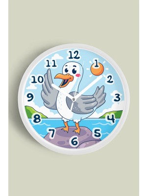 JHAAR Sevimli Martı Çocuk Odası Duvar Saati - 25CM - Önü Camlı Beyaz Kasa