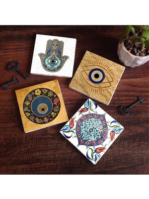 Luxen Glemax Nazar, Çini Sanatı, Fatma Ana Eli Taş Bardak Altlığı Seti - 4 Parça - Dekoratif, Rustik Mutfak Aksesuarı, 10X10 Cm, Kaydırmaz