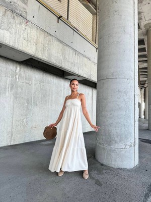 Zengezur Mall Hnrlishp Dantelli Askılı Keten Elbise S4310 Bej (Beden: L)