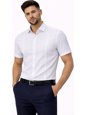 Colvis Man Erkek Beyaz Keten Gömlek Slim Fit Kısa Kol Yazlık Şık Rahat Günlük Gömlek