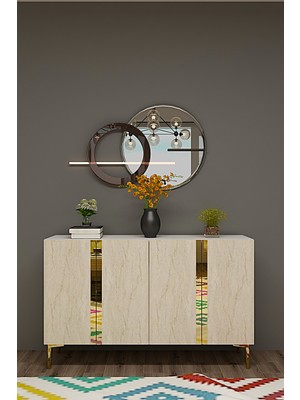 Ceneyra KA1298BTG ANKA120 Konsol, Kahve Köşesi ve Tv Sehpası, Çok Amaçlı Dolap 120CM Beyaz-Traverten-Gold