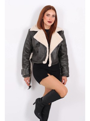 Zengezur Mall Hnrlishp Kürklü Suni Deri Kemerli Haki Kadın Kısa Mont T1256 (Beden: Xl)
