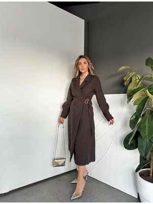 Qimya Butik Egzotik Asortik Kadın Mono Kruvaze Yaka Tokalı Cepli Uzun Kollu Elbise