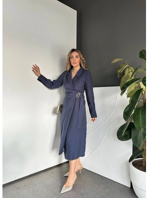 Qimya Butik Egzotik Asortik Kadın Mono Kruvaze Yaka Tokalı Cepli Uzun Kollu Elbise