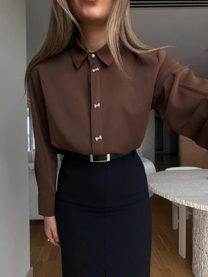 Qimya Butik Egzotik Asortik Kadın Kurdele Taş Detaylı Krep Şifon Uzun Kol Klasik Bluz