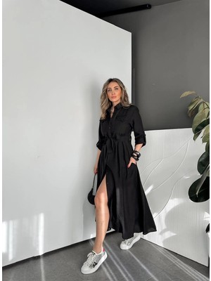 Qimya Butik Egzotik Asortik Kadın Cep Kapakları Fistolu Kuşaklı Cepli Katlamalı Uzun Kollu Uzun Gömlek Elbise