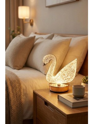 Plentiful Kuğu Model Kristal LED Masa Lambası – Dokunmatik, 3 Renk Işık Modlu, Şarjlı Mini Dekoratif G