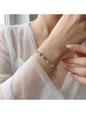 Vaoov 925 Ayar Gümüş Rodyum Kaplama Renkli Taşlı Kalp ve Baget Bileklik