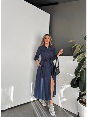 Qimya Butik Egzotik Asortik Kadın Cep Kapakları Fistolu Kuşaklı Cepli Katlamalı Uzun Kollu Uzun Gömlek Elbise