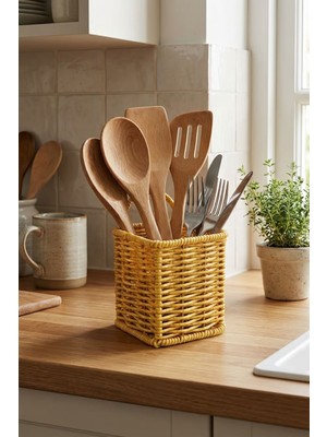 Plentiful Kare Hasır Dokulu Plastik Rattan Kaşıklık & Çatallık – Askılı Kendiliğinden Tutmalı Çok Amaç