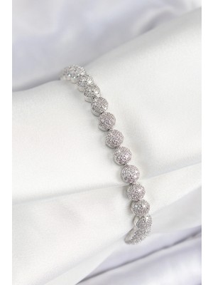 Epilons Mey Ithalat® Pirinç Zirkon Taşlı Yarım Topcuk Model Gümüş Renk Vip Seri Kadın Bileklik