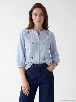 LC Waikiki Fırfırlı Kaçık Yaka Çizgili Kadın Gömlek  (S6)