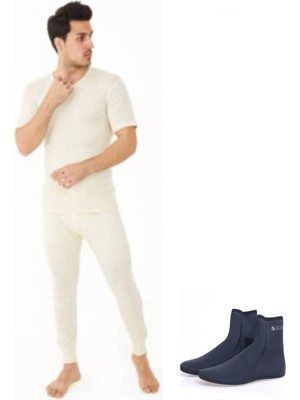 Velora Shopping Uygur Saf Yünden Sıcak Tutan Erkek Için Kısa Kol Alt Tayt Içlik Takım ve Termal Mest Çorap