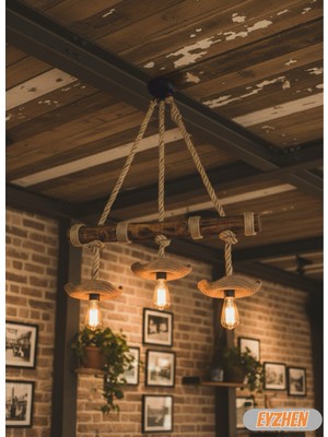 Allians El Yapımı Jüt Sarkıt Halatlı Ahşap Avize, Kafe, Ev, Balkon, Ofis Dekorasyonu