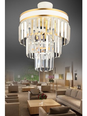 Allians Şık Çağla 3'lü Katlı Beyaz Gold Yaldızlı Avize Seti