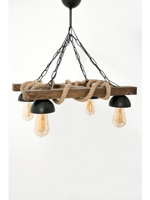 Allians Doğal Halatlı Ahşap Avize 4'lü, Salon, Balkon, Cafe, Otel Dekorasyonu