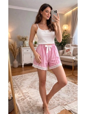 Havva Home Dantel Kenarlı Fiyonk Detaylı Cepsiz Pembe Beyaz Çizgili Rahat Ev & Uyku Şortu – Şık Loungewear