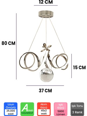 Allians 3 Renk Toplu Krom Gümüş Dimmerli LED Avize, Şık ve Modern Tasarım