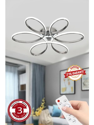 Allians 3 Renk Kumandalı Büyük Plafonyer LED Avize, Krom, Salon Papatya Format