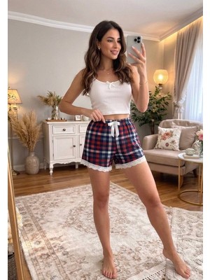 Havva Home Dantel Kenarlı Fiyonk Detaylı Cepsiz Ekose Desenli Rahat Ev & Uyku Şortu – Şık Loungewear