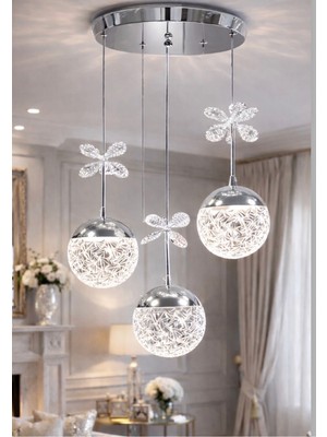 Allians Modern Parlak Krom LED Avize, Üçlü Sarkıt, Güçlü Işık, Salon Dekorasyonu