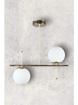 Allians Modern Çello Tasarımı Metal Gold Beyaz Cam Yemek Masası ve 2'li Avize Seti