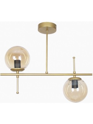 Allians Modern Çello Tasarımlı Metal Eskitme Gold Renk Bal Camlı Yemek Masası ve 2'li Avize