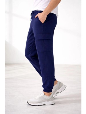 Erkek Jogger Eşofman Altı Regular Fit , Kargo Cepli, Lastikli Paça, Günlük Spor Pantolon - Lacivert