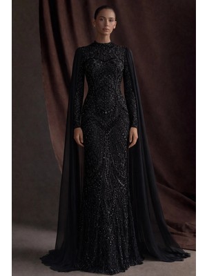 Olcay Çıkabilen Pelerin Detaylı Taşlı Tül Exclusive Büyük Beden Tesettür Abiye Elbise Siyah 1074-B