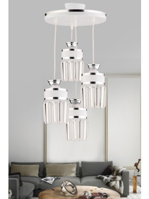 Allians Eylül 4'lü Beyaz Krom Yaldızlı Sarkıt Kristal Avize