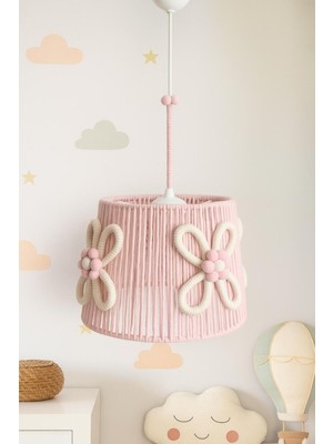 Allians Pembe Makrome Ip Sargı Çiçek Aplike Ponponlu Kız Bebek ve Çocuk Odası Sarkıt Avize